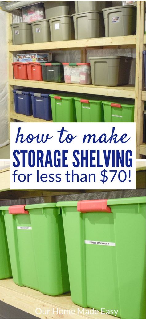 Basement Storage Shelves, Storage Bin Shelves, Storage Hacks Diy, Diy Storage Shelves, Room Storage Diy, Diy Regal, Diy Basement, Storage Tubs, Basement Storage