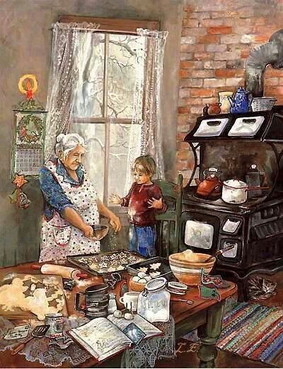 LOVE IS GRANDMAS KITCHEN Grandmas House, Christmas Scenes, Norman Rockwell, Country Art, Mail Art, Kitchen Art, Christmas Pictures, Vintage Cards, Christmas Art