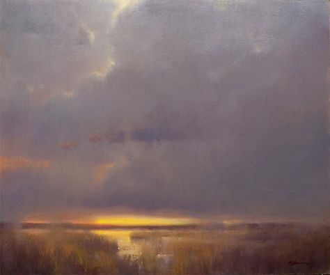 Marc Hanson, Dusk, oil, 20 x 24. Marc Hanson, Longmont Colorado, Neutral Art, Water Reflections, Sky Painting, Fantasy Paintings, Cloud Painting, Art Instructions, Landscape Artist