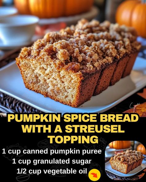 Pumpkin Spice Bread with a Streusel Topping Pumpkin Crumble Bread, Pumpkin Bread Topping, Pumpkin Streusel Bread, Pumpkin Swirl Bread, Pumpkin Bread With Streusel Topping, Pinners Conference, Baked Meatloaf, Pumpkin Spice Bread, Mexican Casserole Recipe