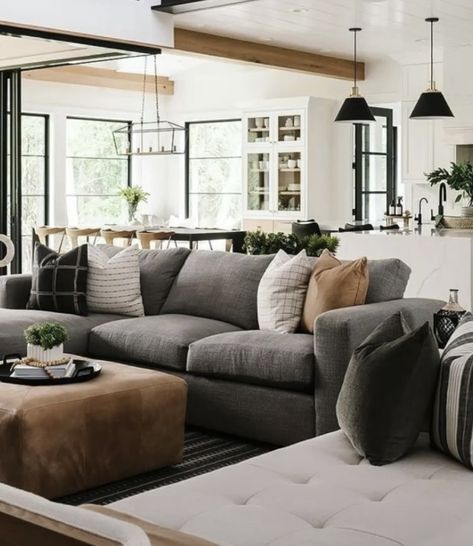 Family Room With Charcoal Sectional, Black And White Kitchen Living Room, Dark Neutral Living Room Cozy, Gray Sectional Couch Living Room Ideas, Pewter Couch Living Rooms, How To Style A Dark Grey Couch, Gray Couch Family Room, Masculine Coastal Decor, Farmhouse Living Room Dark Couch