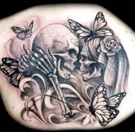 9 Best Skull Tattoo Designs with Meanings | Styles At Life Skeleton Couple Tattoo, Skull Couple Tattoo, Kunst Tattoos, Sugar Skull Tattoos, Tattoos Geometric, Парные Тату, Butterfly Tattoo Designs, Inked Magazine, Skull Tattoo Design