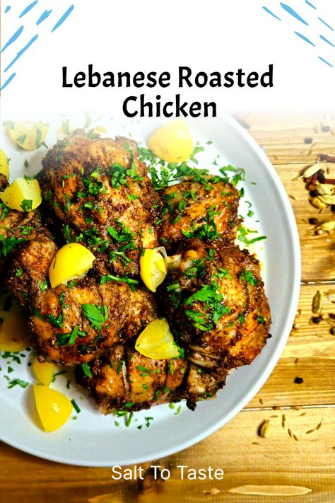 These Lebanese Roasted Chicken Thighs use a Baharat to make a perfect weeknight winner. Serve this roasted chicken recipe with a Fattoush salad, tabbouleh, and some warm middle eastern flatbreads. Middle Eastern Bbq Recipes, Middle Eastern Meat Recipes, Middle East Chicken Recipes, Lebanese Chicken Recipes, Turkish Chicken Recipes, Lebanese Baked Chicken, Baharat Chicken, 1 Pot Meals, Arabic Chicken Recipes