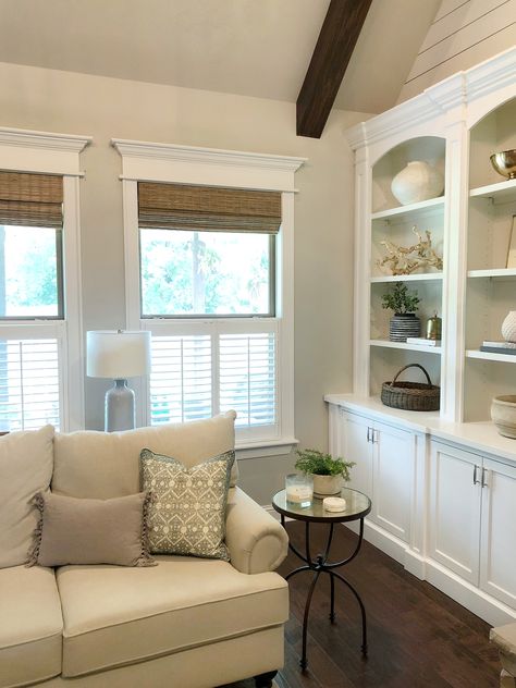 Enhancing Our Home With Cafe Shutters Shutters Exterior Brick House, Shutters Exterior Brick, Farmhouse Window Treatments Living Room, Interior Shutters Living Room, Window Treatments Living Room Farmhouse, Shutters Interior Window, Shutters With Curtains, Cafe Shutters, Shutter Window Treatments