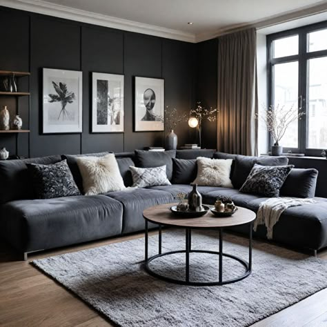 40 Black Couch Living Room Ideas for Modern Interiors Living Room Designs With Black Sofa, Black Sofa Living Room Decor Ideas, Living Room With Black Couch, Black Aesthetic Home, Black Couch Living Room Ideas, Living Room Design Black, Dark Loft, Black Modern Sofa, Black Couch Living Room Decor