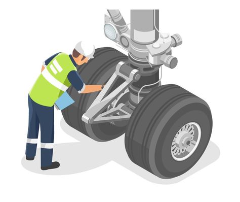 Aircraft engineer checking landing gear technicians service engineering maintenance airplane airport worker isometric isolated on white Aviation Illustration, Airport Worker, Aircraft Maintenance Engineer, Airplane Wallpaper, Aircraft Maintenance, Landing Gear, Transportation, Aircraft, Engineering