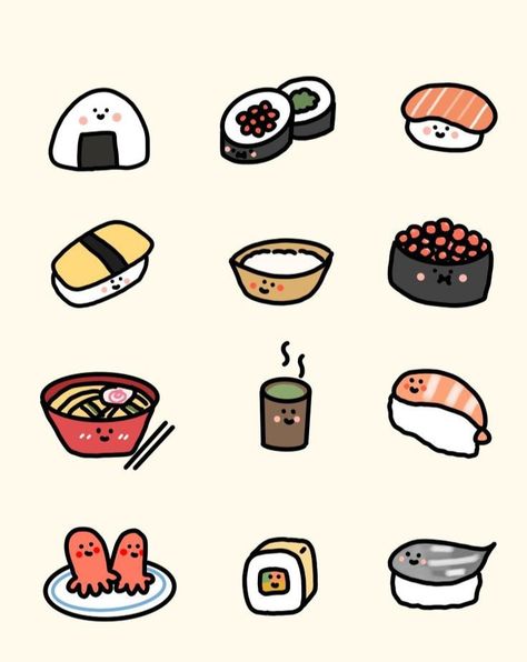 Cute Doodles Food, Cute Fruits Drawings, Unforgettable Tattoo, Sushi Drawing, Bahasa Jepun, Food Doodles, 귀여운 음식 그림, Cute Easy Doodles, Desain Quilling