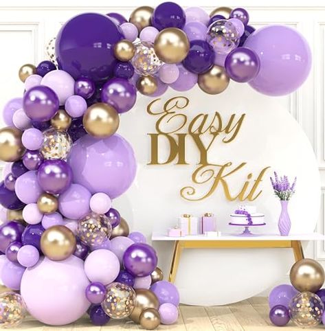 Purple Balloon Decorations Birthday, Lilac Party Decorations, Lilac Party, Gold Balloon Arch, Black And Gold Party Decorations, Black And White Balloons, Gold Birthday Decorations, Blowing Up Balloons, Purple Pastel