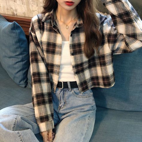 Sancus Plaid Crop Shirt | YesStyle Shirts Women, Long Sleeve Crop, Long Sleeve Crop Top, Crop Top, Blouses, Plaid, Long Sleeve