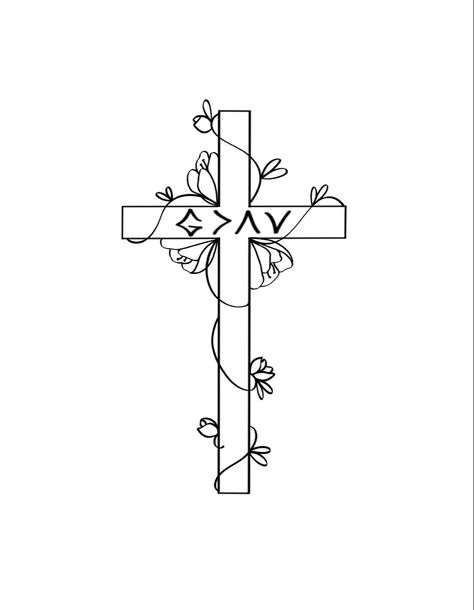 Cross And Date Tattoo, Cross With God Is Greater Tattoo, Cross Outline Tattoos For Women, Tattoo Ideas Cross Flowers, Cute God Tattoos, Cross Doodles Simple, Flower Cross Drawing, Small Bible Tattoos For Women, Cross And Flowers Drawing