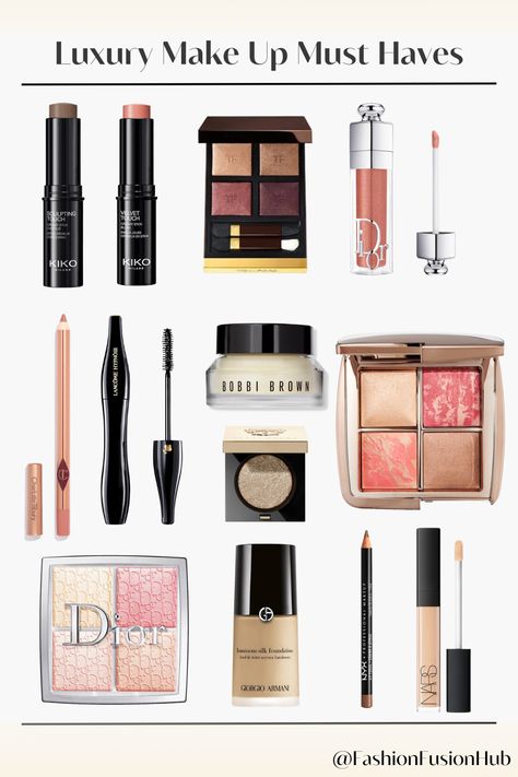 Discover the ultimate luxury makeup essentials for every beauty lover! Featuring top brands like KIKO Milano, Tom Ford, Dior, Charlotte Tilbury, Lancôme, Bobbi Brown, Hourglass, Giorgio Armani, NYX, and NARS. Perfect for creating flawless, long-lasting looks for any occasion.  Follow @FashionFusionHub for more beauty tips and recommendations!  #LuxuryMakeup #MakeupMustHaves #BeautyEssentials #HighEndMakeup #FashionFusionHub Nars Products, College Makeup, Giorgio Armani Makeup, Makeup Bag Essentials, Tom Ford Makeup, Lip Combo, Fancy Makeup, High End Makeup, Makeup Must Haves