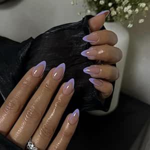 30 PCS Purple French Tip Press On Nails Short Almond,Medium Fake Nails French Nails Press ons,Oval Acrylic Nails Glue on Nails Medium,Natural Short Almond Nails False Nails for Women in 15 Sizes