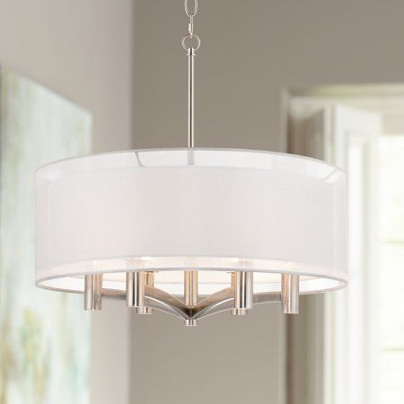 This contemporary pendant from the Possini Euro Design brand offers a chic, sleek look for your living space. The six-light design comes in a beautiful brushed nickel finish and features a double shade design with a sheer silver outer shade over a white linen inner shade. The resulting look is an elegant design perfect for a living room, dining room or kitchen. Size: 21 x 22 x 22. Dining Room Lighting Over Round Table, Beach House Colors, Shade Design, Kitchen Size, Pendant Fixture, Contemporary Pendant, Room Lighting, Dining Room Chandelier, Light Design