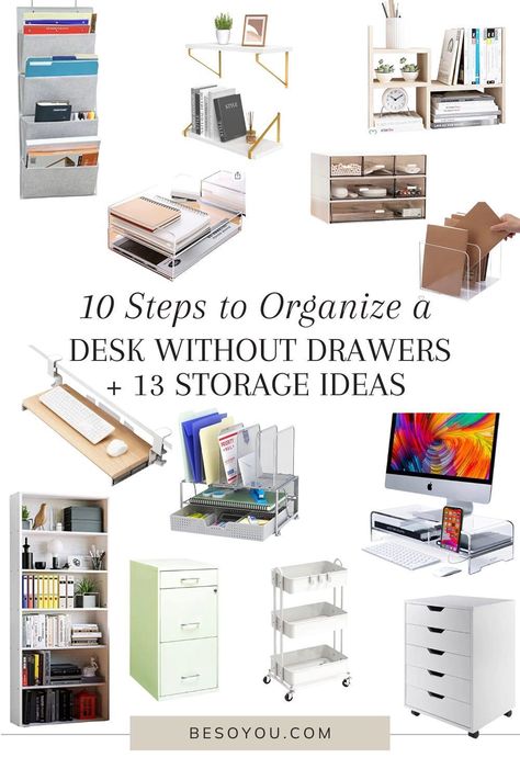 Work Desk Storage, Desk For Small Spaces With Storage, Office Space Organization At Work, Tiny Office Organization Ideas, On Desk Organization, Office Drawers Storage, Storage For Desk Without Drawers, Office Organization Inspiration, Desk Without Drawers Organization