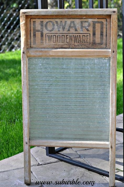 I found this washboard at an antique shop's moving sale. I bought it for $15, not knowing anything about it, or whether it could be restored to its former glory. It is in good condition (no chips on the glass, but some wear on the wood is very evident). You can see in the pictures below that there is some white stuff (paint? wear?) that I don't know how to remove without damaging the piece. There are the words "Crown Glass" on one side, and I'd like to make them more evident. I'm ask… Cleaning Stainless Steel Fridge, Washboard Crafts, Washboard Decor, Glass Washboard, Washer Smell, Old Washboards, Painting Appliances, Wood Pallet Crafts, Antique Phone