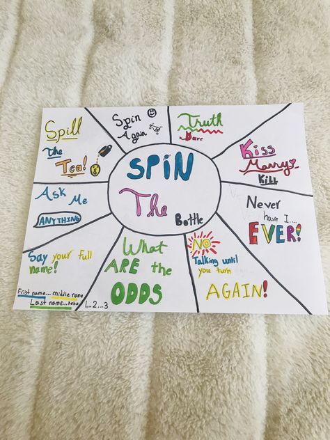 Spin The Bottle Sleepover Game, Spin The Bottle Dares, Spine The Bottle Game, Spin Bottle Game, Spin The Bottle Ideas For Friends Clean, Diy Spin The Bottle, Spin The Bottle Questions, Sleepover Spin The Bottle, Spin The Bottle Board