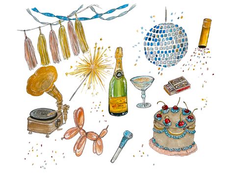 Retro Party Art Print art print is a print of a my hand drawn, bohemian watercolor painting featuring various iconic party necessities- a disco ball, streamers, a confetti cannon, a sparkler, champagne, a matchbox, cake, balloon animal, a noisemaker, and a gramophone. It is printed on a cold press, watercolor textured paper. Acid free, archival, and very sturdy with a matte finish. They are quickly shipped in both a plastic protective sleeve and a rigid mailer to ensure its safety during shippin Cake Balloon, Bohemian Watercolor, Confetti Cannon, Watercolor Party, Wedding Collage, Cocktail Art, Retro Party, Vintage Party, Art Prints For Sale