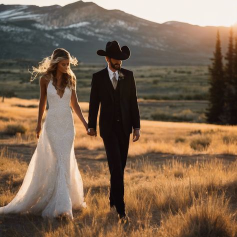 Yellowstone Stars' Western Wedding Wows Fans

#RyanBinghamHassieHarrison #Yellowstonewedding Western Wedding With Horses, Black And White Western Wedding, Hassie Harrison, Ryan Bingham, Country Wedding Pictures, Wedding Wows, Montana Ranch, Western Culture, White Gown