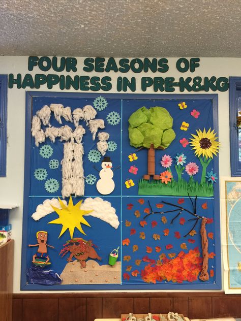 Four Seasons Board Seasons Bulletin Board Preschool, Seasons Theme Boards For Preschool, Season Chart For Classroom, Seasons Bulletin Board Ideas, Season Display Board, Season Bulletin Board Ideas, Geography Display, Weather Bulletin Board, Camp Decorations