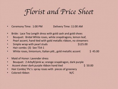 Florist Price List Florist Price List, Flower Bouquet Price List, Lace Tea Length Dress, Gold Sash, Lemon Leaves, Wedding Activities, Gold Shoes, Tea Length Dresses, Tea Length