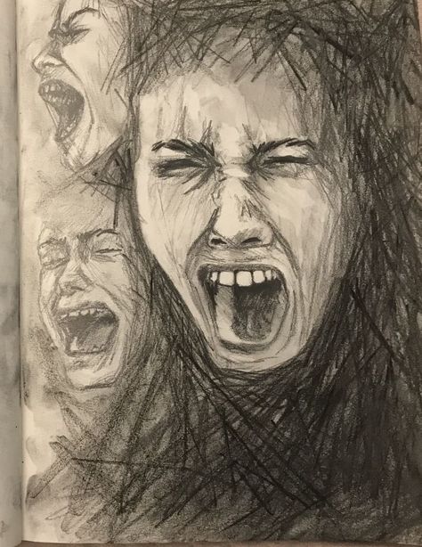 Screaming Sketch Faces, Scared Drawing Expression, Screaming Painting Faces, Scared Guy Drawing, Woman Screaming Painting, Drawing Screaming Faces, People Scared Drawing, Screaming Face Sketch, Screaming Expression Reference