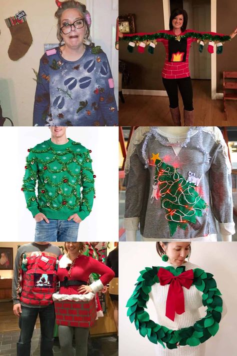 Epic Ugly Sweater Party Ideas to Celebrate • Craving Some Creativity Easy Ugly Sweater Ideas Diy, Diy Ugly Sweater Ideas For Kids Easy, Couples Ugly Christmas Sweaters Diy, Ugly Sweater Contest Ideas, Ugly Sweaters Ideas, Diy Ugly Christmas Sweaters Easy, Ugly Sweater Ideas Diy, Homemade Ugly Christmas Sweater Diy, Diy Ugly Christmas Sweater Ideas Funny