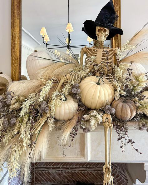 Joshua Jones | Creative Director | The spell has been cast! For this large-scale fireplace, we placed our witchy skeleton friend in a festive bed of white pumpkins and an… | Instagram Halloween Friends, Cascade Falls, The Spell, White Pumpkins, Asymmetrical Design, Fall Foliage, Creative Director, Pumpkins, Skeleton