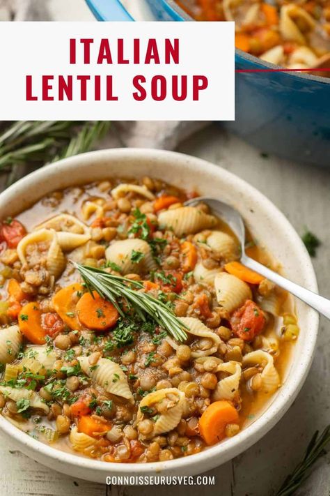 This Italian lentil soup is made with juicy tomatoes, zesty herbs, veggies and pasta. It's delicious, comforting, and super easy to make in one pot. It's naturally vegan and optionally gluten-free, so everyone can enjoy a bowl! Italian Lentil Soup Recipe, Italian Lentil Soup, Soup With Pasta, Veg Soup, Vegan Chili, Red Lentil Soup, Vegan Soup Recipes, Vegan Soups, Lentil Recipes