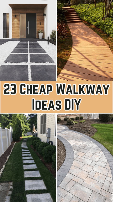 An outdoor garden walkway made of gravel with stepping stones placed neatly in a zigzag pattern. Lush green plants line the sides of the path, adding a natural and inviting feel to the yard. Cheap Sidewalk Ideas, Sidewalk Stones Pathways, Easy Diy Pathway Walkways, Small Walkway Ideas, Flagstone Front Walkway, Diy Side Walk Walkways, Rock Pathways Walkways, Deck Walkway Ideas, Rubber Walkway Paths