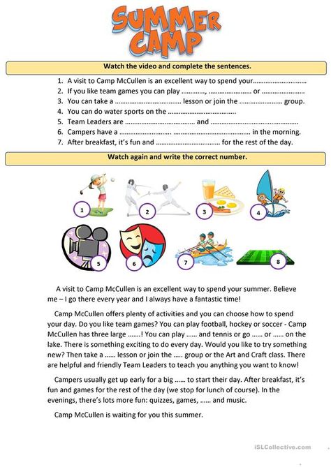 Summer camp. Reading, listening, writing. - English ESL Worksheets for distance learning and physical classrooms Summer Camp Worksheets, Summer Reading Comprehension, Writing English, Camp Read, Teaching Life Skills, English Exercises, Reading Comprehension Activities, Teaching Life, Reading Worksheets