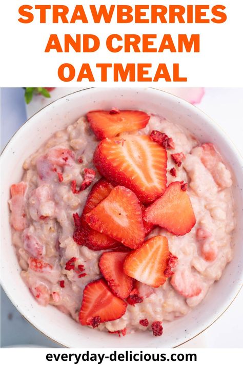 Strawberries and Cream Oatmeal is a delicious breakfast made with juicy strawberries and creamy oats. It’s a tasty and healthy way to start your day, giving you the energy you need to feel good. This oatmeal is packed with lots of strawberries and is just bursting with strawberry flavor! Oatmeal Recipes Strawberry, Banana And Cream Oatmeal, Homemade Strawberry Oatmeal, Strawberry And Cream Oatmeal, Quick Oat Recipes, Strawberries And Cream Oatmeal, Creamy Oats, Strawberry Recipes Easy, Peanut Butter Breakfast