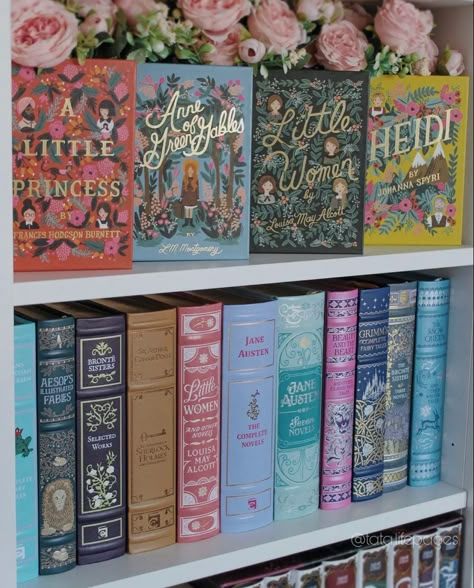 Bookish Shelf Decor, Girly Bookshelf Aesthetic, Girly Bookshelf, Libreros Aesthetic, Books With Pretty Covers, Classic Books Aesthetic, Fantasy Bookshelf, Beautiful Bookshelves, City Of Brass