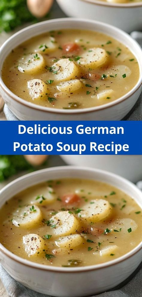 Craving a warm soup recipe that’s both filling and delicious? This German Potato Soup delivers! Quick to prepare and bursting with flavor, it’s a perfect choice for busy nights. Treat your family to this comforting dish tonight! Berlin Potato Soup, German Potato Soup With Sausage, Broth Potato Soup, Canadian Soup, Poor Mans Soup, Poor Man Soup, German Soup, German Potato Soup, Sausage Potato Soup