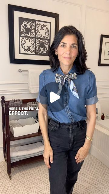 Karen Harrow on Instagram: "How To Scarf Tutorial. Thank you to @christiemoeller for reminding me about this. #Ootd #over50 #fashion #styleinspo #outfitinspo #over50style #outfits #outfit #style" Scarf Button Down Shirt, How To Wear A Scarf With A Collar Shirt, How To Wear Bandana, Neck Scarf Outfit, Button Scarf, Scarf Tutorial, How To Wear A Scarf, Scarf Outfit, Small Scarf