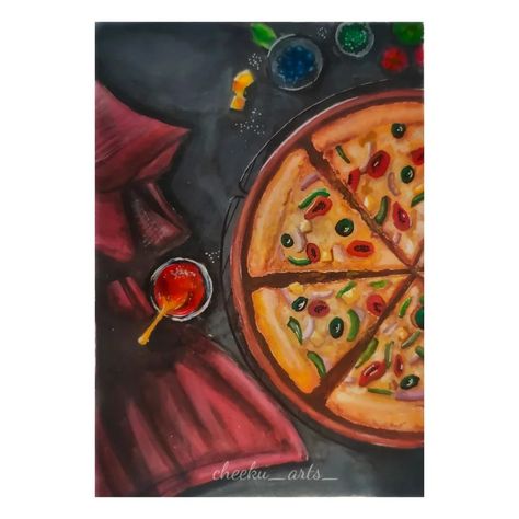 An acrylic painting of  a Pizza on the table with sauce grapes and butter on plates Pizza Painting Realistic, Pizza Painting Acrylic, Food Painting Acrylic, Realistic Food Painting, Pizza Painting, Badminton Pictures, Jellyfish Aesthetic, Food Paintings, Food Art Painting