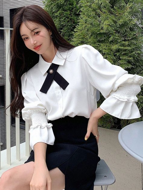 White Elegant Collar Extra-Long Sleeve Fabric Plain Shirt Embellished Non-Stretch Spring/Summer Women Clothing Shein White Blouse, Flare Sleeve Shirt, Galaxy Stuff, Shirt With Tie, Korean Tops, Stylish Men Casual, Plain Shirt, Extra Long Sleeves, Elegant Blouses