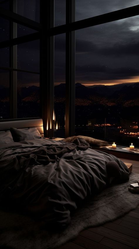 Dark Bedroom Aesthetic Dark Room Aesthetic, Room Aesthetic Dark, Bedroom Aesthetic Dark, Dark Bedroom Aesthetic, Penthouse Bedroom, Black Bedroom Design, Winter Dream, Dark Modern, Black Interior Design