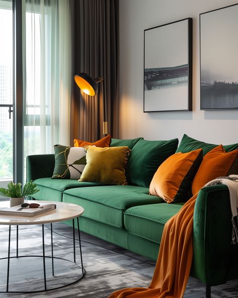 50+ Green Sofa Ideas for a Modern and Cozy Living Room Decor – CreativeBooster Emerald Green And Yellow Living Room, Green Sofa Ideas, Green Living Room Sofa, Green Sofa Inspiration, Green Couch Decor, Green Sofa Decor, Green Corner Sofas, Modern Green Living Room, Velvet Couch Living Room