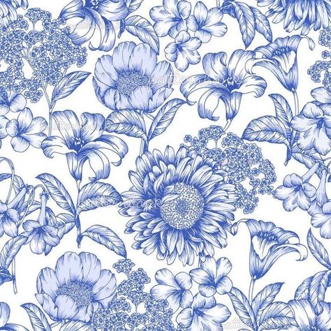 Floral Toile Pattern, Toile De Jouy Pattern Prints, Gucci Floral Wallpaper, Blue Flowers Pattern, Toile Tattoo, Calm Garden, Design Pattern Ideas, Blue Floral Background, White And Blue Background