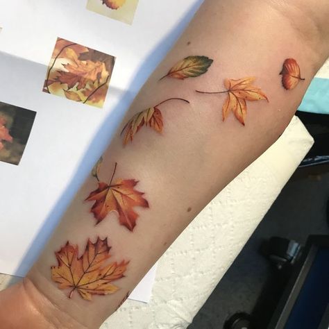 Autumn Rose Tattoo, Fall Forest Tattoo, Fall Leaves Tattoo Sleeve, Fall Themed Tattoos For Women, Fall Scene Tattoo, Pumpkin And Fall Leaves Tattoo, Fall Sleeve Tattoo, Forest Leaves Tattoo, Autumn Tattoo Sleeve