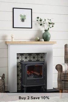 Fireplaces & Heaters | Fire Surrounds | Next Official Site Wood Burner Fireplace, Log Burner Living Room, Fake Fireplace, Star Tile, Faux Fireplace Diy, Fireplace Mantle Decor, Small Fireplace, Fire Surround, Living Room Decor Fireplace