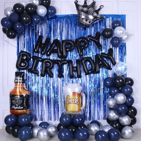 PRICES MAY VARY. Great for many Ages and Occasions: This blue birthday decorations kit will add a luxurious ambiance to your indoor or outdoor event and make your bday party more awesome with our beautiful blue and black balloons set.Perfect for ages 18+ men and women. 80Pcs Navy Blue Bday Decor Kit: 1 set black "HAPPY BIRTHDAY" banner, 20 pcs 10 inch black balloons, 20 pcs 10 inch navy blue balloons, 10 pcs 10 inch metal silver balloons,3pcs 12 inch silver confetti Latex balloons, 5pcs 5 inch m Men Birthday Party Ideas Decoration Blue, Men Birthday Decorations, Mens Birthday Party Decorations, Black Happy Birthday, 24 Birthday, Silver Party Decorations, Bday Decor, Silver Balloons, Fringe Curtains