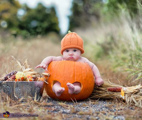 Baby Pumpkin Pictures, Halloween Baby Pictures, Fall Baby Pictures, Photo Bb, September Baby, Baby Milestones Pictures, Pumpkin Halloween Costume, Monthly Baby Pictures, Orange Hat