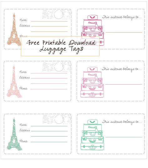 Free Printable: luggage tags Printable Luggage Tags, Luggage Tag Template, Kids Luggage Tags, Luggage Tags Diy, Fun Gadgets, Diy Luggage, Luggage Labels, Travel Tags, Tags Printable