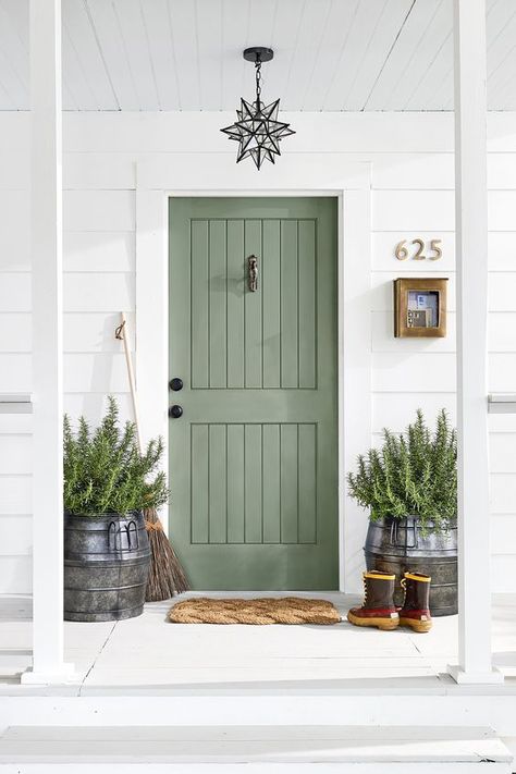 Sage green front door Sage green wall color #sage #sagegreen #sagegreendecor #greenfrontdoor #greendoor Deur Makeover, Bold Front Door, Exterior Front Door Colors, Green Front Door, Green Wall Color, Green Front Doors, Front Door Makeover, Front Door Paint Colors, Farmhouse Front Door