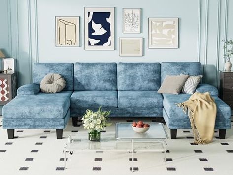 Modern Moroccan Style, Blue Sectional, U Shaped Couch, Blue Couches, Soft Modern, Furniture Material, Sofa Bed With Storage, Contemporary Living Spaces, Comfortable Sofa