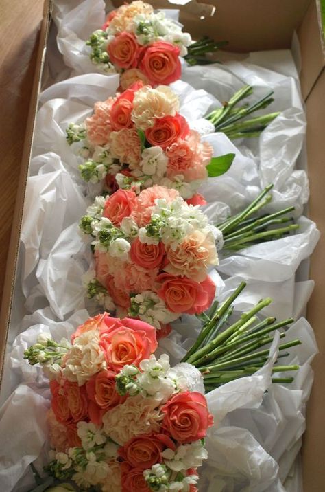 Pretty, but I wish there was more coral and less white and light pink. Wedding Bouquets Coral, Flowers In A Box, Coral Wedding Flowers, Peach Wedding Flowers, Prom Flowers, Miss Piggy, Coral Wedding, Coral Flowers, Orange Wedding