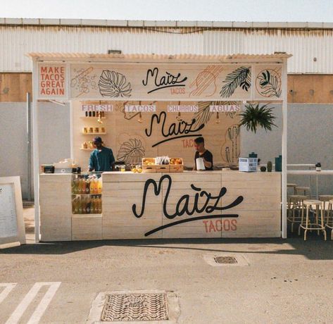 Maiz Tacos Dubai Tacos Shop Design, Cool Kiosk Design, Juice Kiosk Design Ideas, Food Kiosk Ideas, Food Stall Design Ideas Pop Up, Pop Up Taco Stand, Street Stall Design, Food Cart Food Ideas, Pop Up Food Stall