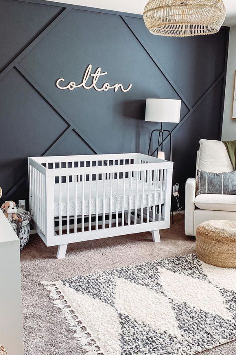 The following best nursery ideas for 2022 comes from inspiring homes around the world that were brought to life from parents just like you.Let these 50 best nursery ideas inspire you to pack your baby's room with major style Simple Accent Wall Ideas Nursery, Accent Wall Ideas With Wood, Nursery Wall Wood Design, Simple Accent Wall Nursery, Baby Nirsey Ideas, Navy Board And Batten Wall Nursery, Accent Wall With Wood Design Nursery, Wood Wall Design Ideas Nursery, Grey And Blue Nursery Ideas