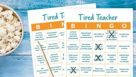 Thank You for Requesting Our Tired Teacher Bingo Cards - WeAreTeachers Teacher Appreciation Games Activities, Teacher Appreciation Games, Teacher Bingo, Staff Party Games, Appreciation Themes, Teacher Meeting, Teacher Thank You Notes, Teacher Appreciation Themes, Board Game Themes